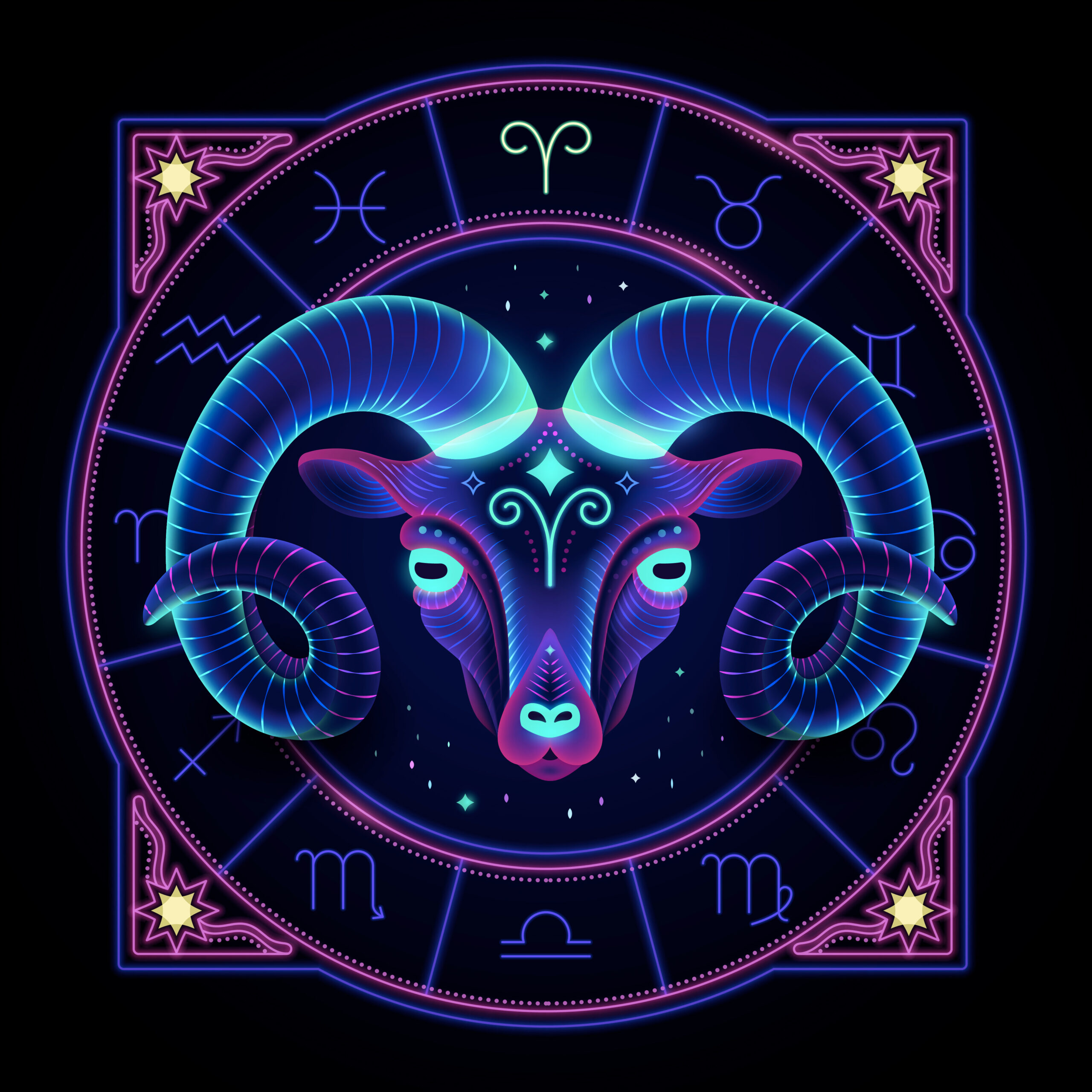 Aries zodiac sign represented by a ram as the fire of the spirit. Neon horoscope symbol in circle with other astrology signs around.