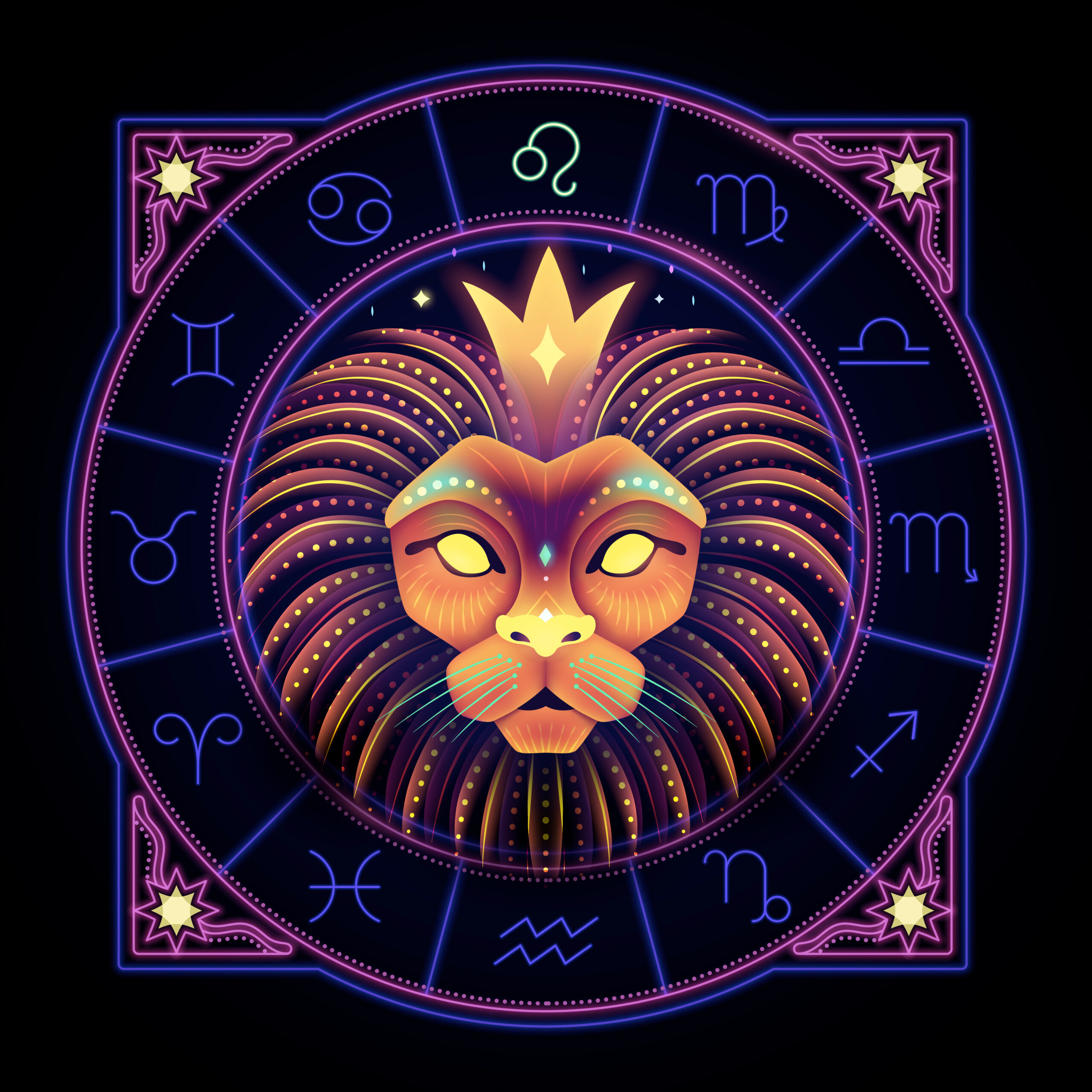 Leo zodiac sign represented by the lion head as the king of the celestial jungle. Neon horoscope symbol in circle with other astrology signs sets around.