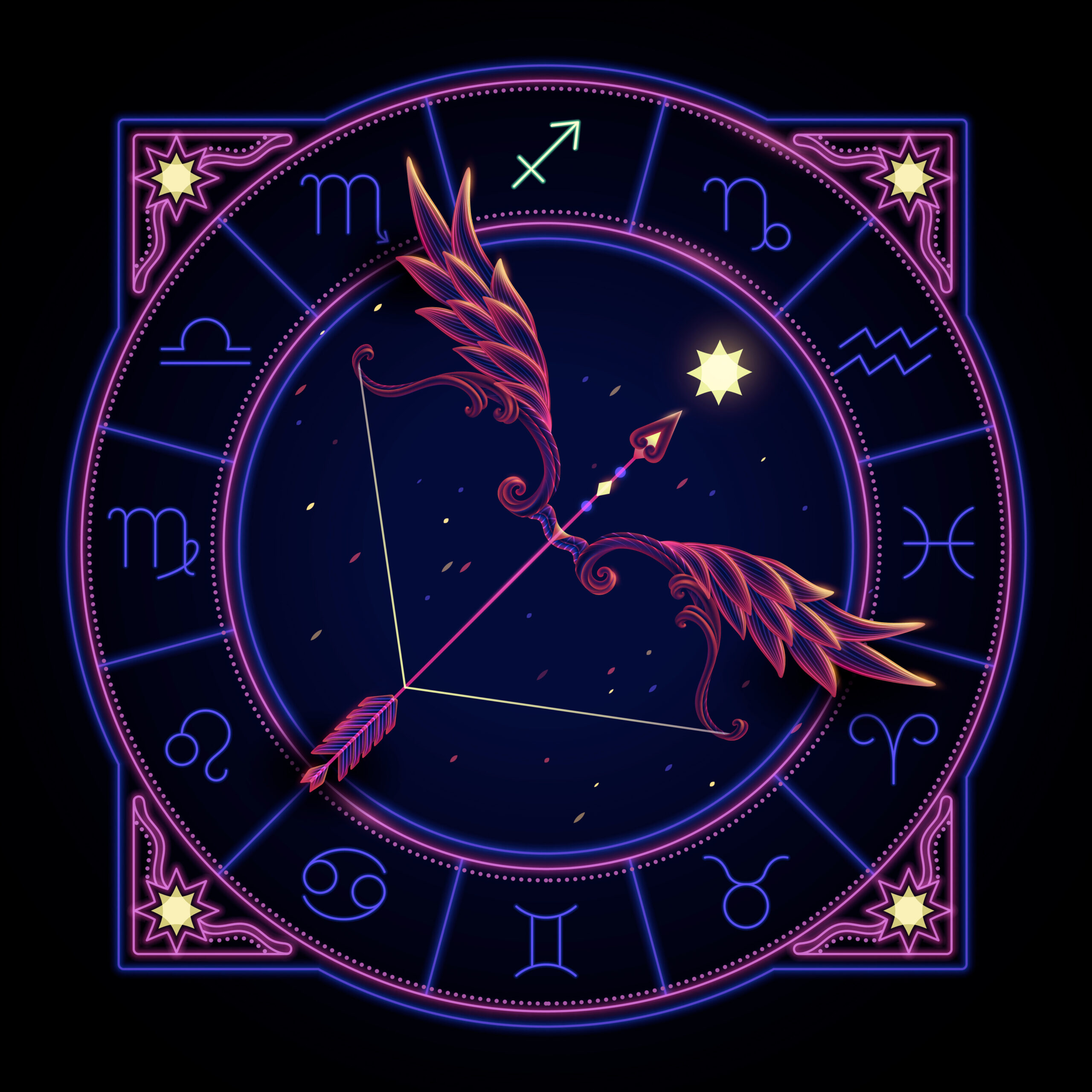 Sagittarius zodiac sign represented by a feather bow about to shoot an arrow. Neon horoscope symbol in circle with other astrology signs sets around.
