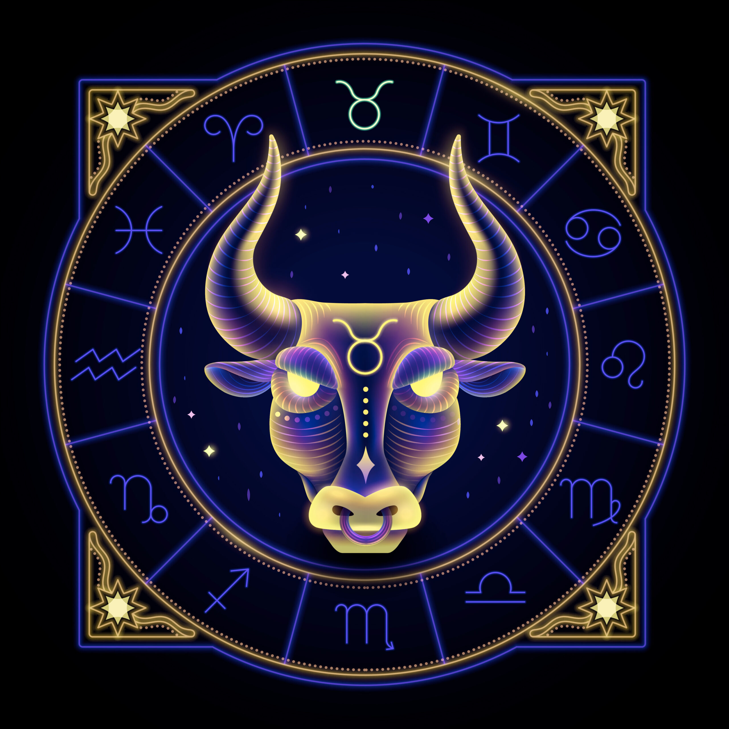 Taurus zodiac sign represented by the face of a bull. Neon horoscope symbol in circle with other astrology signs sets around.