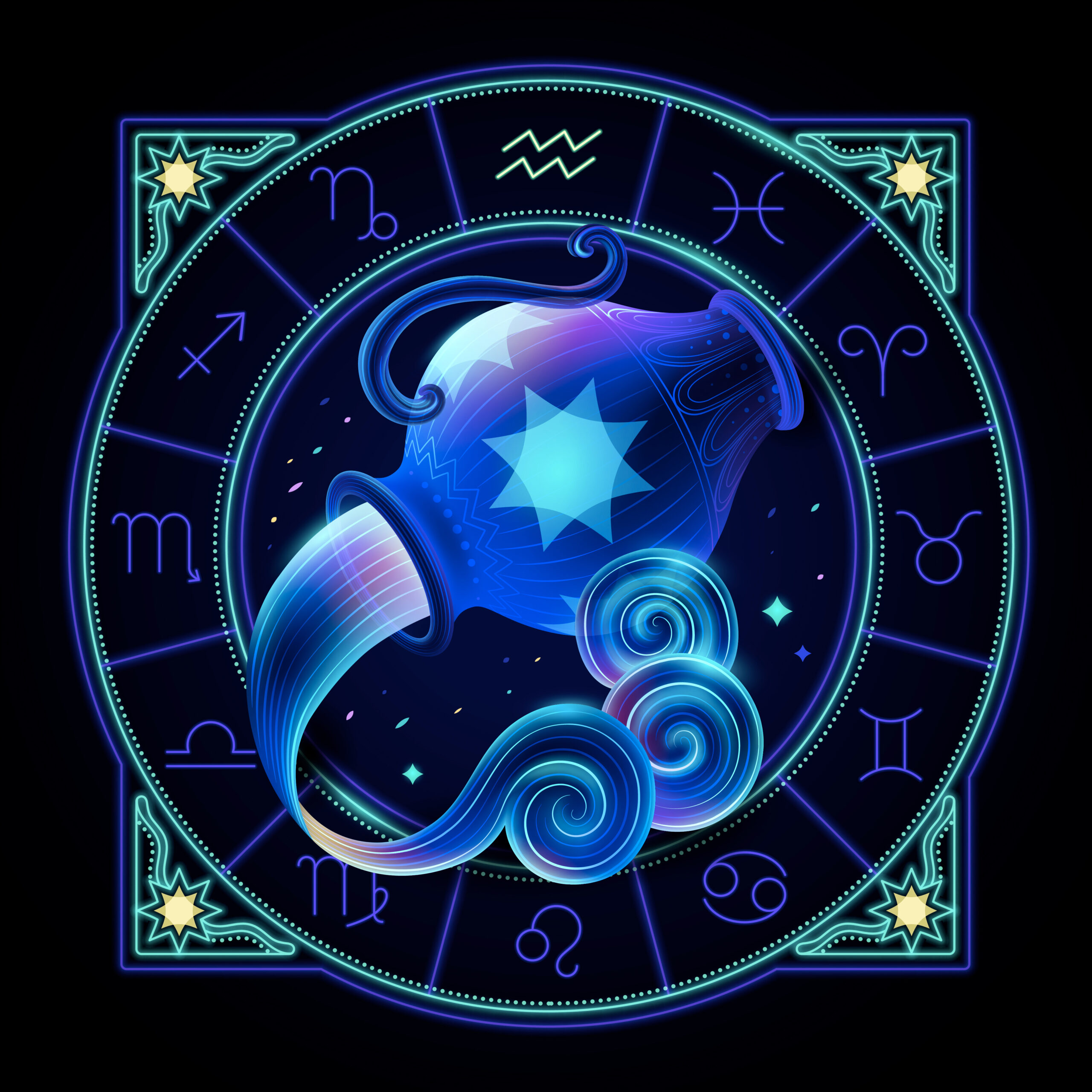 Aquarius zodiac sign represented by a large jar pouring water. Neon horoscope symbol in circle with other astrology signs sets around.