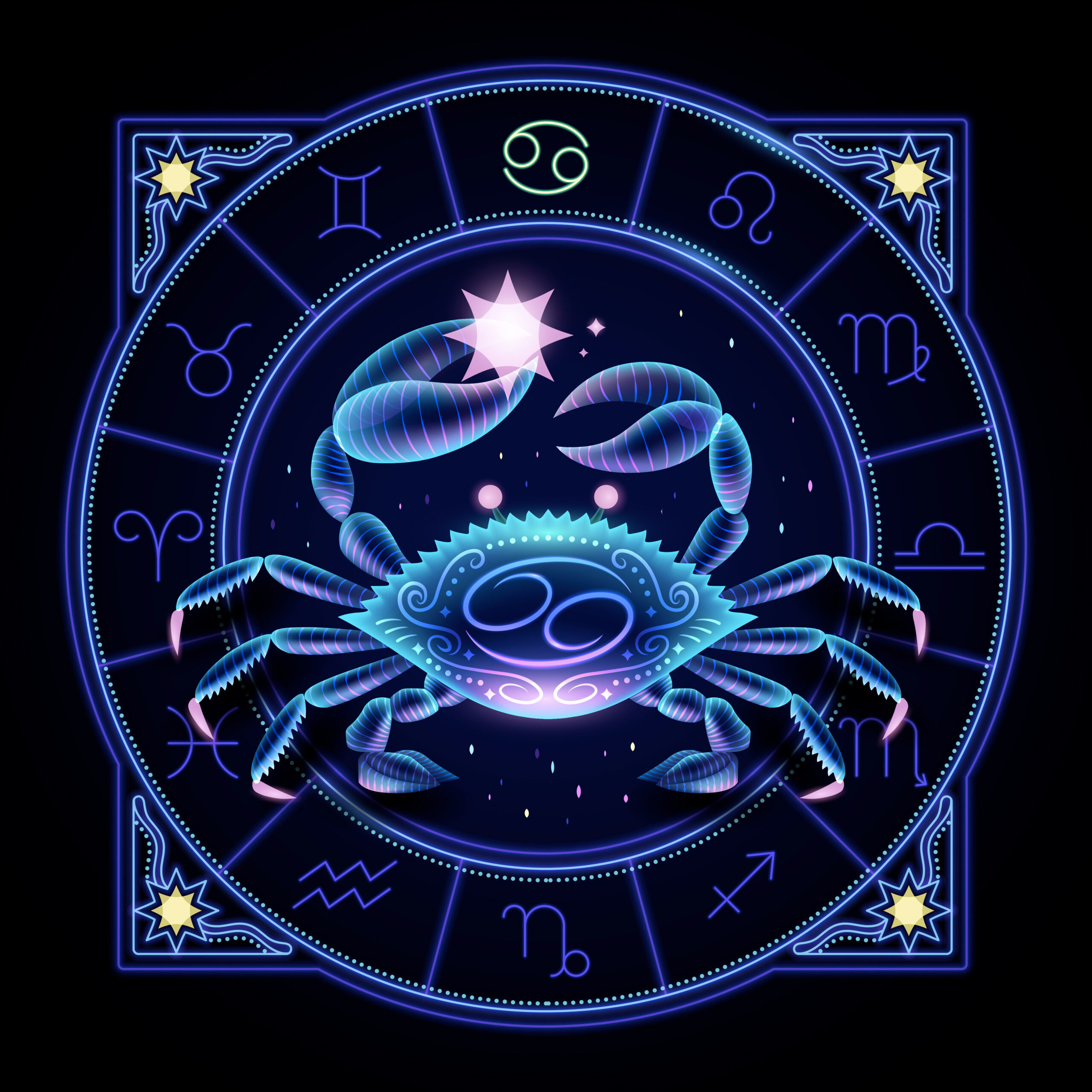 Cancer zodiac sign represented by a crab raising its chela. Neon horoscope symbol in circle with other astrology signs sets around.