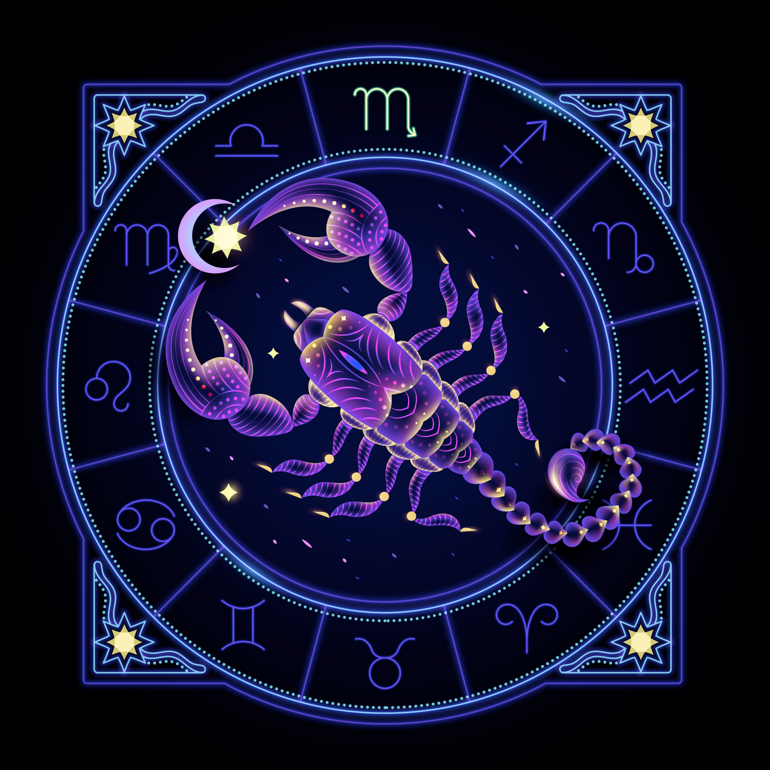 Scorpio zodiac sign represented by the scorpion. Neon horoscope symbol in circle with other astrology signs sets around.