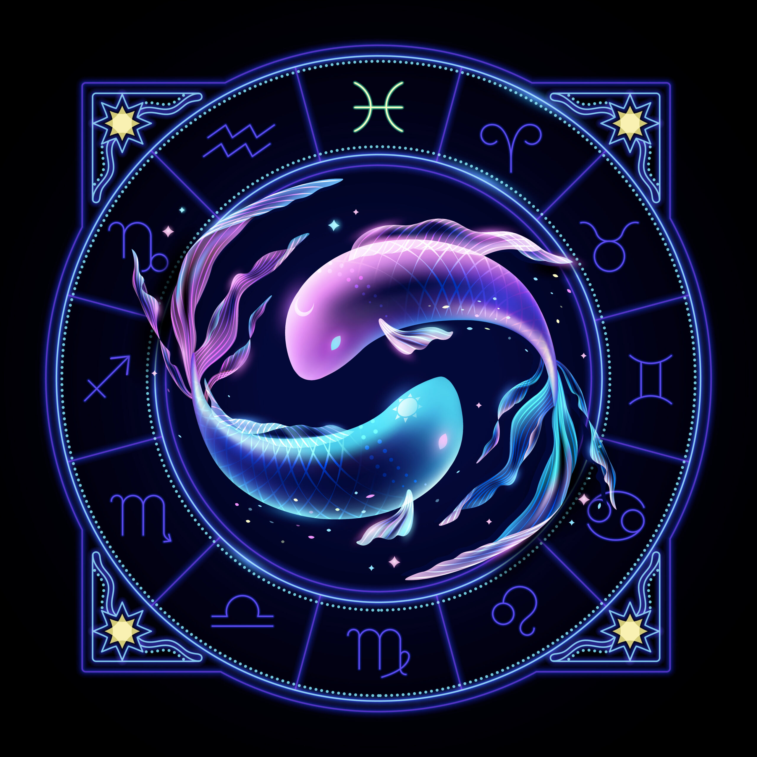 Pisces zodiac sign represented by two fish swimming in opposite directions. Neon horoscope symbol in circle with other astrology signs sets around.
